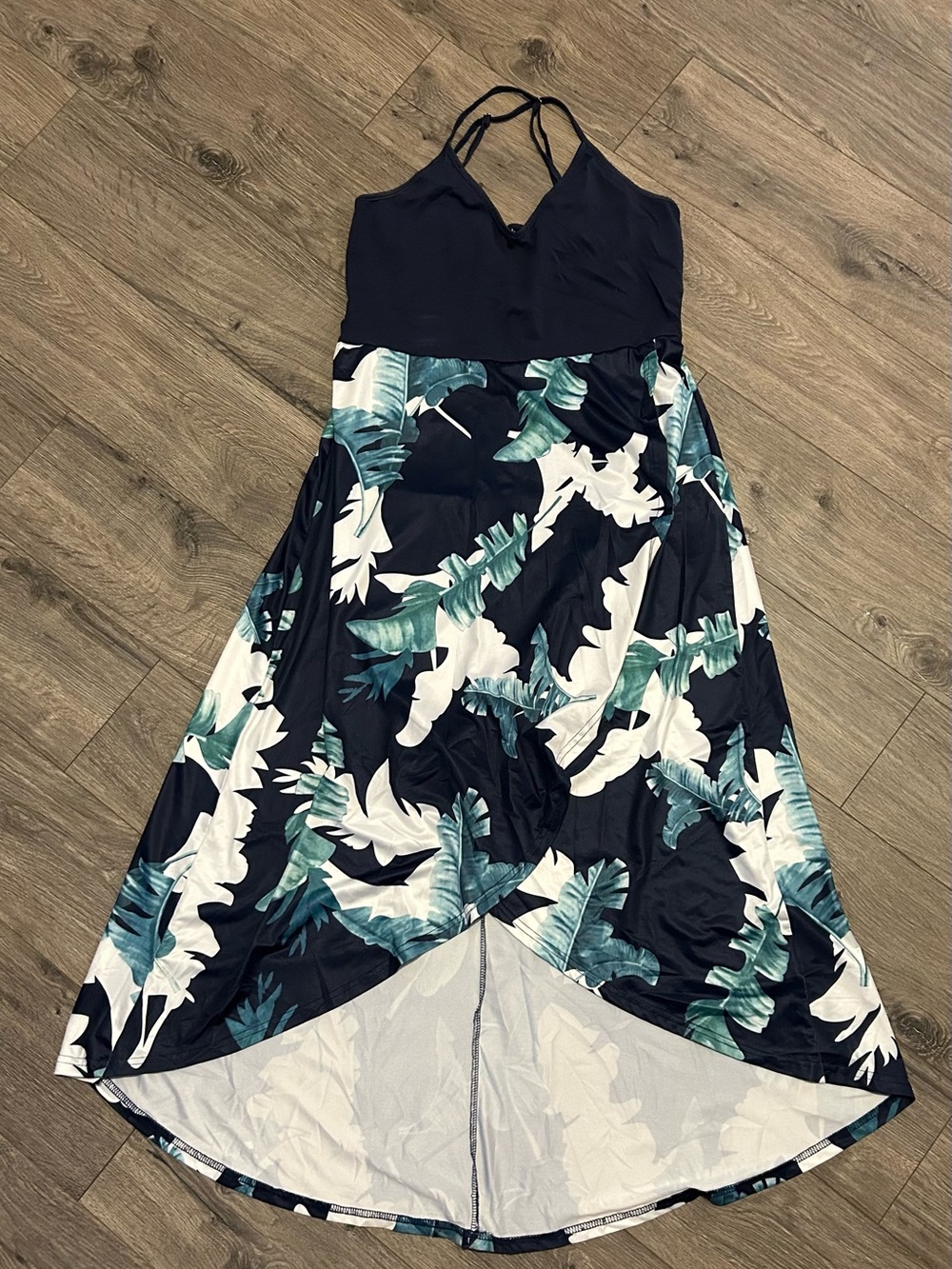Navy Tropical Print Halter Maxi Dress